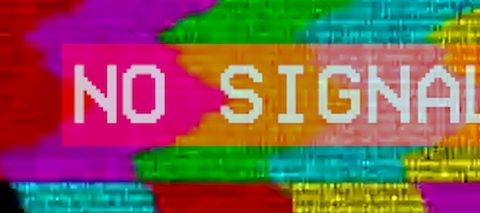 NOSIGNAL logo, the text in a low-resolution blocky font in red rectangular box against a static-filledcolor test bar background.
