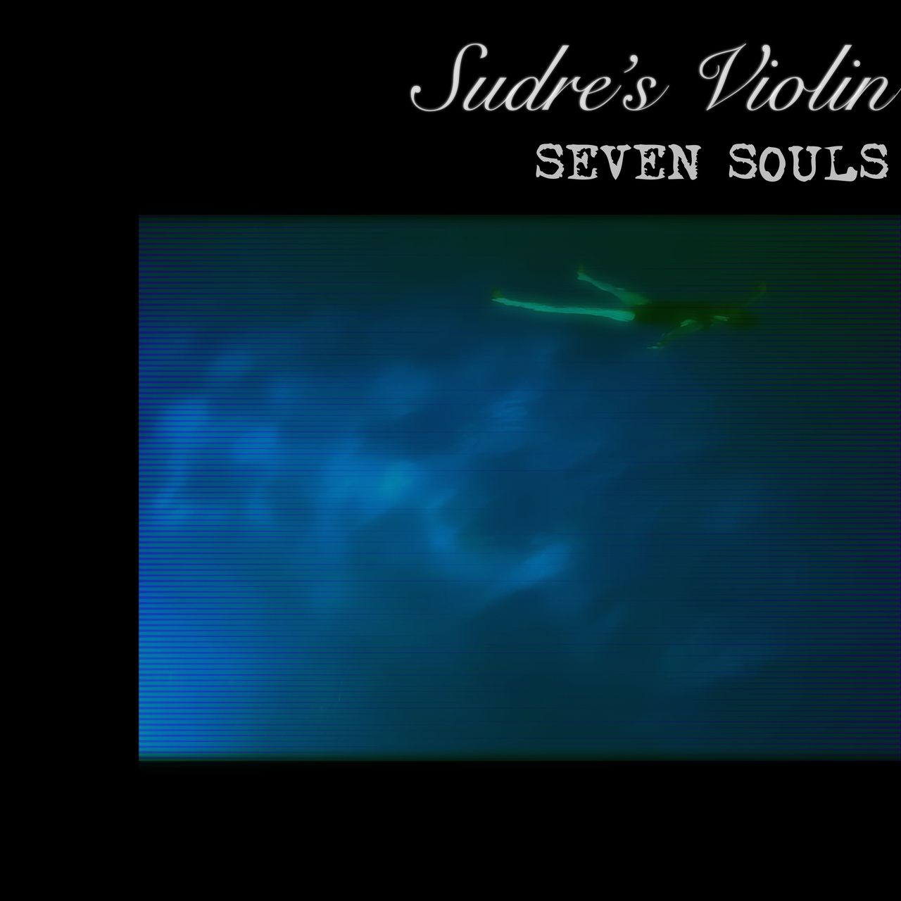 Blue and green video-artifact image of a woman with floating in a dark body of clear water.